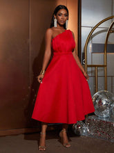 Solid One Shoulder Pleated Front Christmas Party Dress, Elegant Dress, For New Year Eve